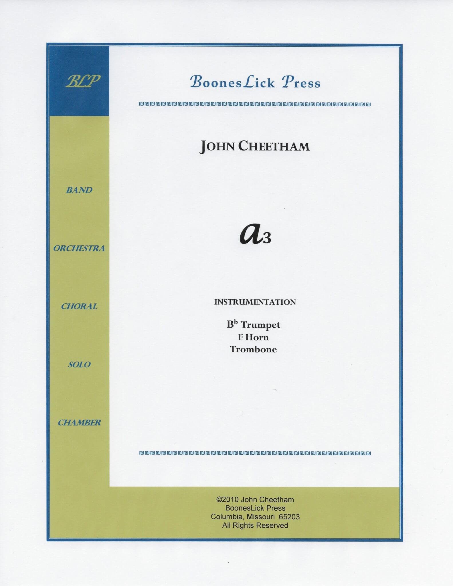 Sheet music cover for "A3" by John Cheetham.